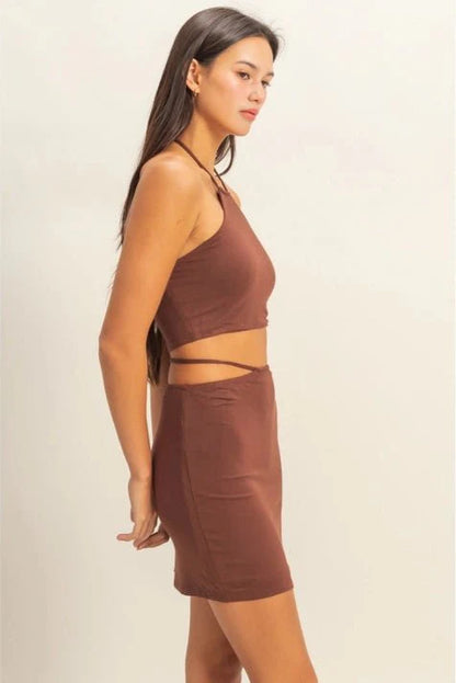 Brown Halter Neck Skirt Set