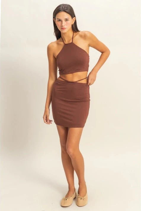 Brown Halter Neck Skirt Set