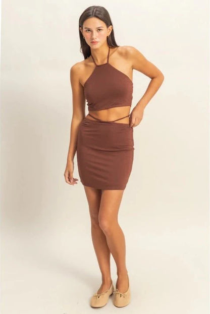 Brown Halter Neck Skirt Set