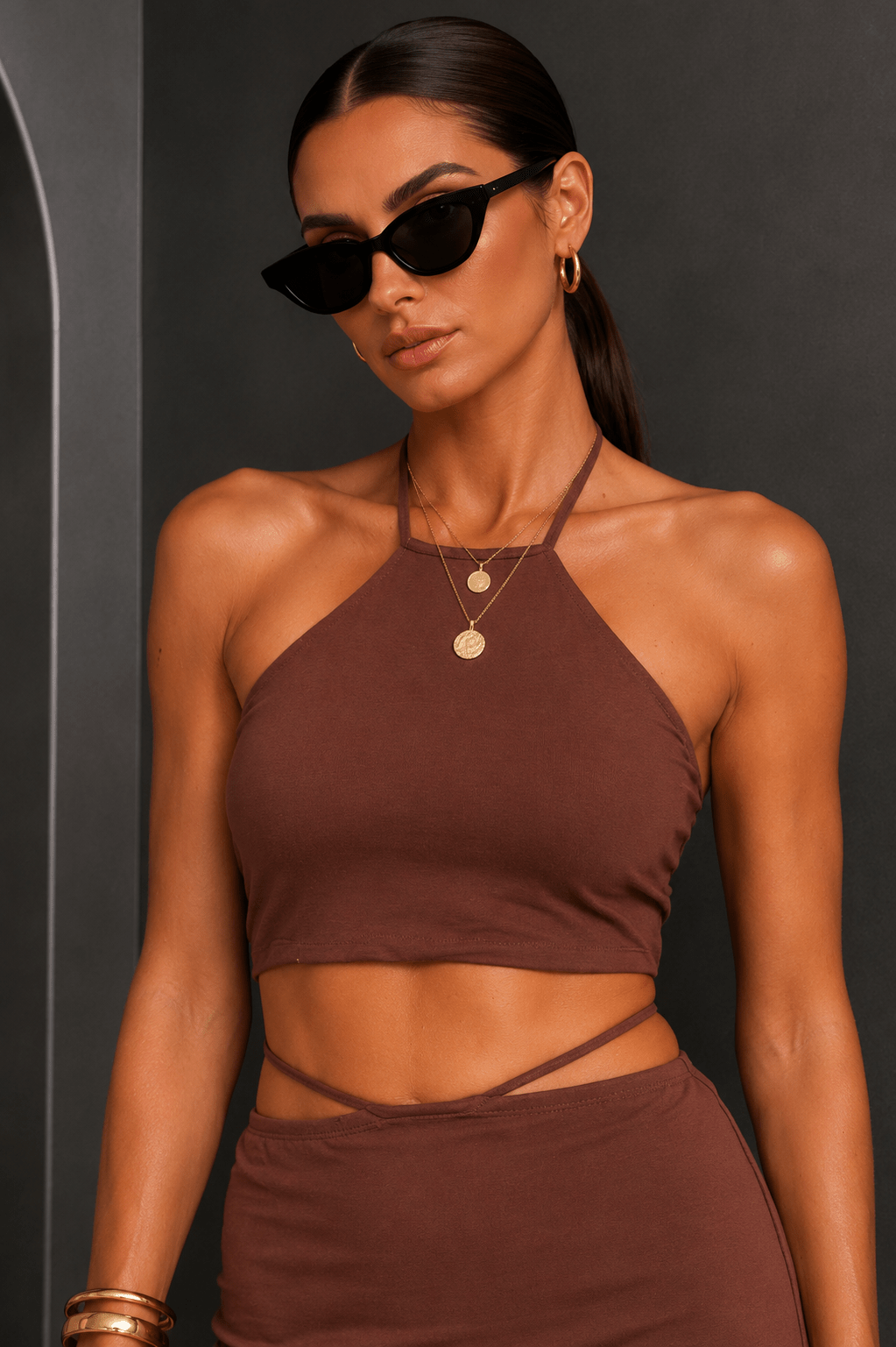 Brown Halter Neck Skirt Set