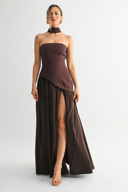 Brown Parisian Lace-up Maxi Dress