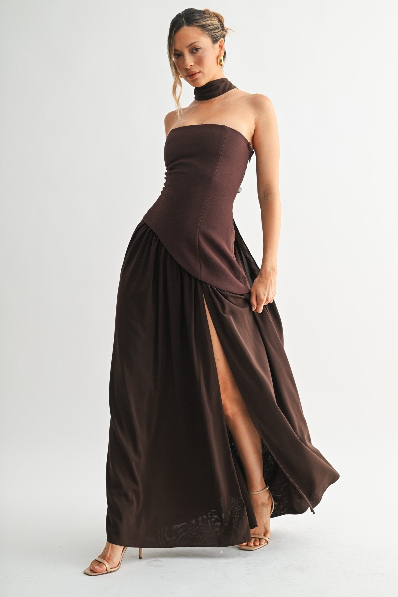 Brown Parisian Lace-up Maxi Dress