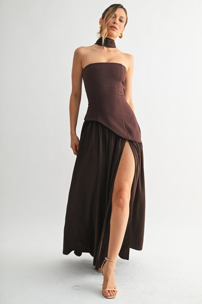 Brown Parisian Lace-up Maxi Dress