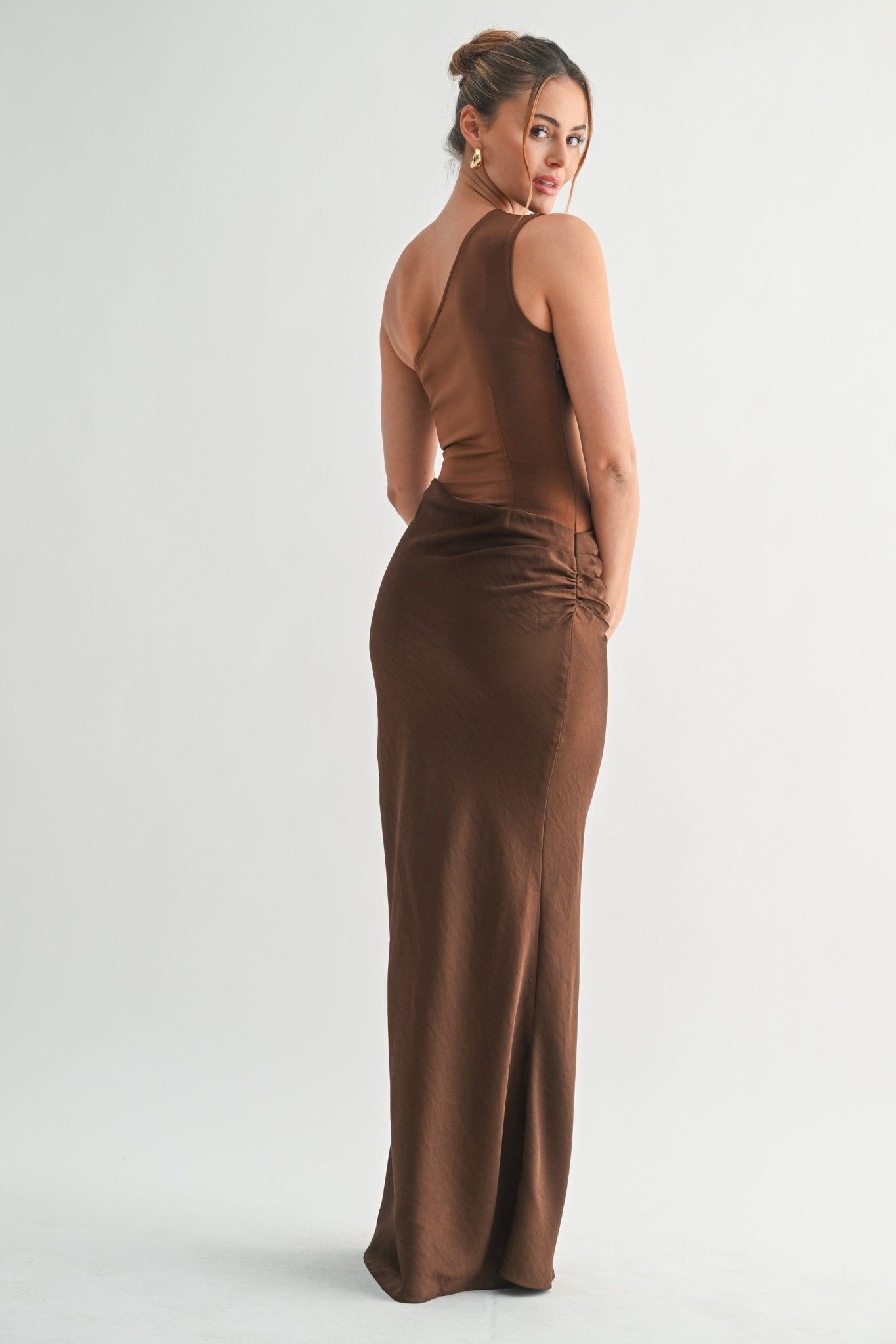 Brown Sable Asymmetrical Maxi Dress