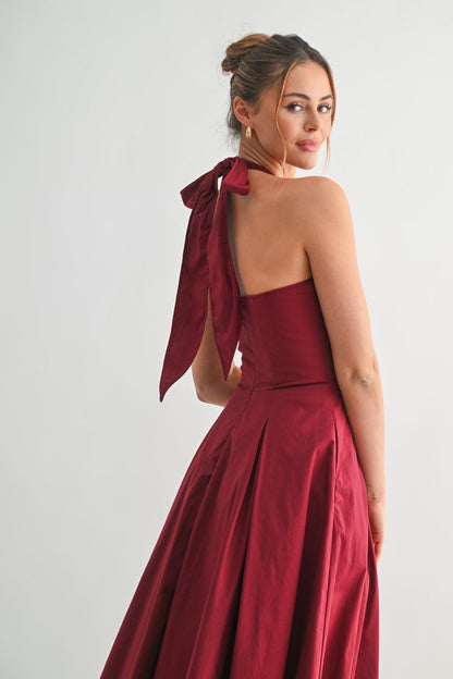Burgundy Halter Manhattan Tie-back Midi Dress