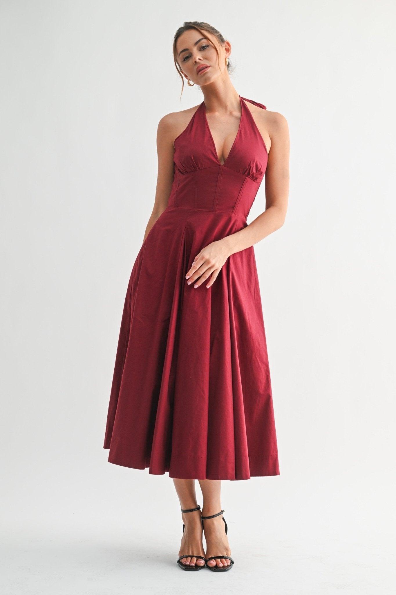 Burgundy Halter Manhattan Tie-back Midi Dress