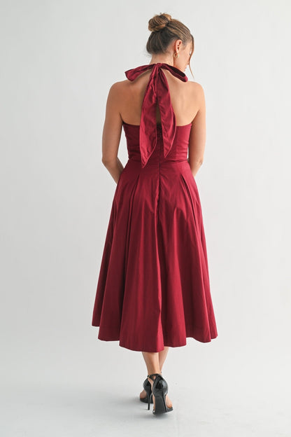 Burgundy Halter Manhattan Tie-back Midi Dress