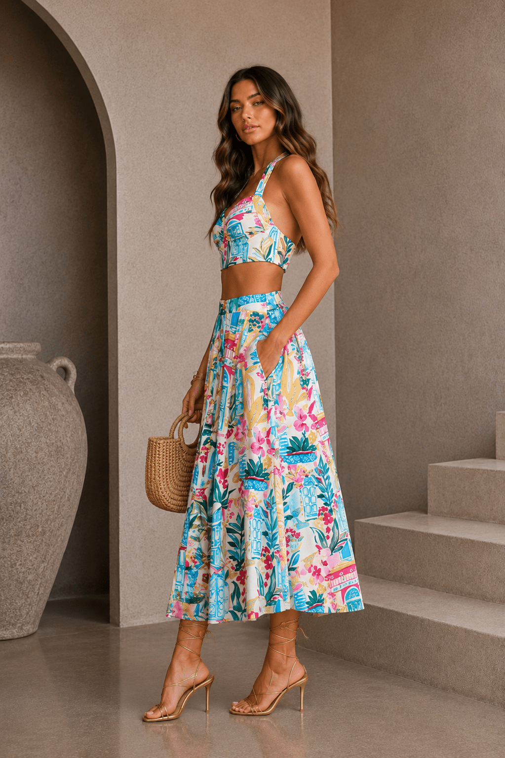 Colorful Floral Halter Crop Top