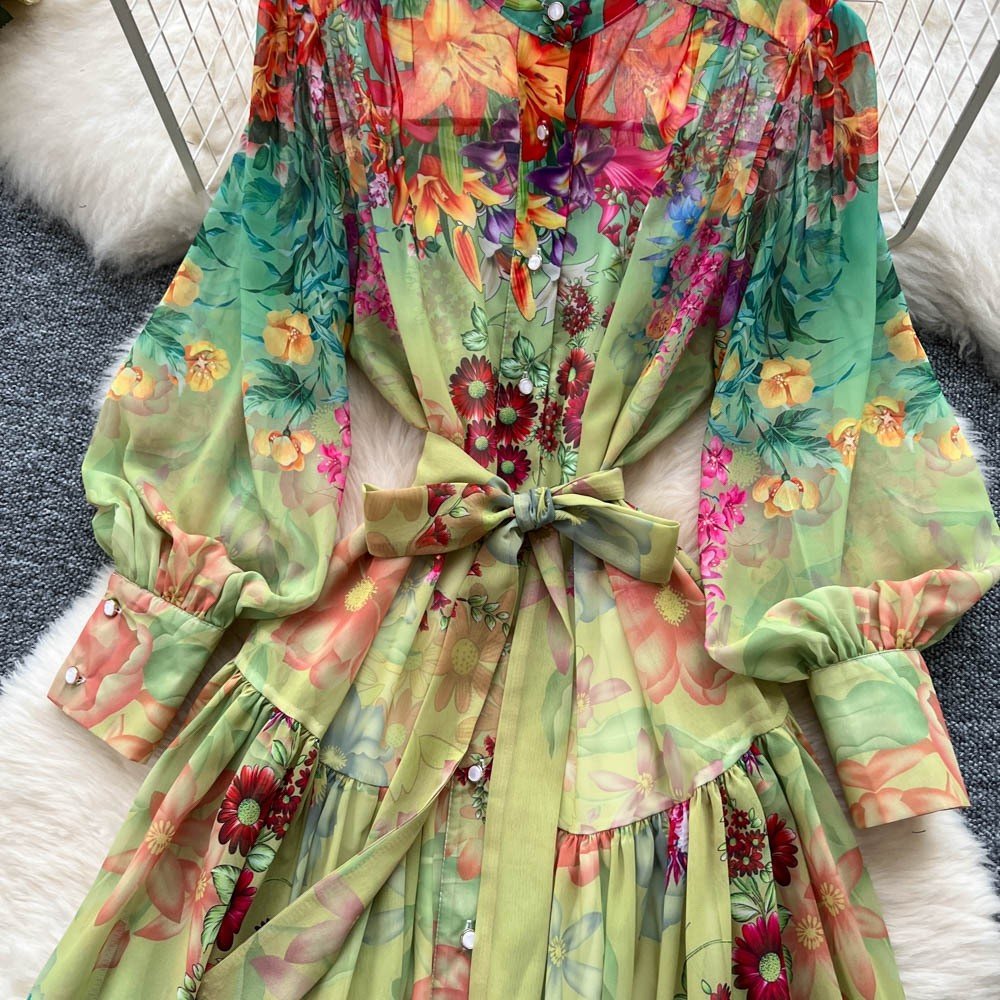 Colorful Printed Long Sleeve Midi Dress