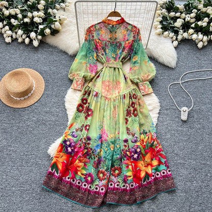 Colorful Printed Long Sleeve Midi Dress