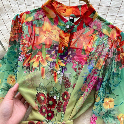 Colorful Printed Long Sleeve Midi Dress