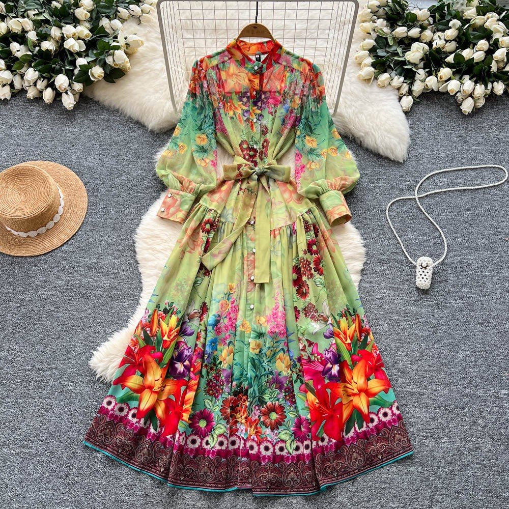 Colorful Printed Long Sleeve Midi Dress