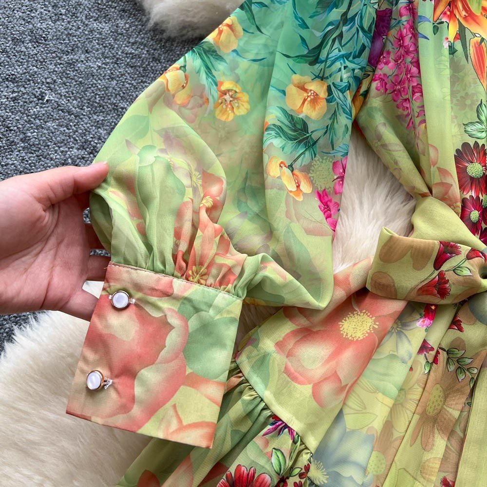 Colorful Printed Long Sleeve Midi Dress