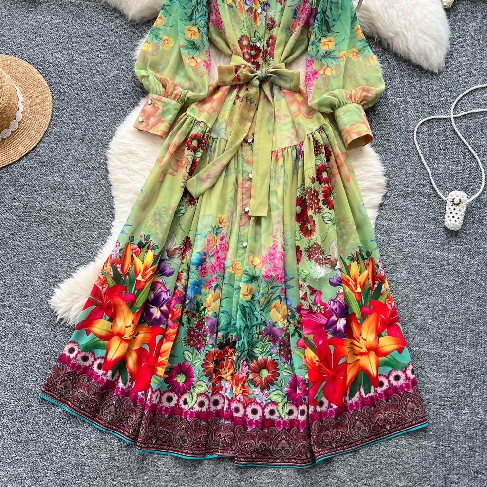 Colorful Printed Long Sleeve Midi Dress