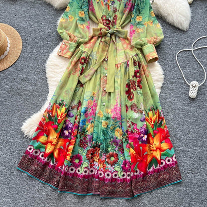 Colorful Printed Long Sleeve Midi Dress