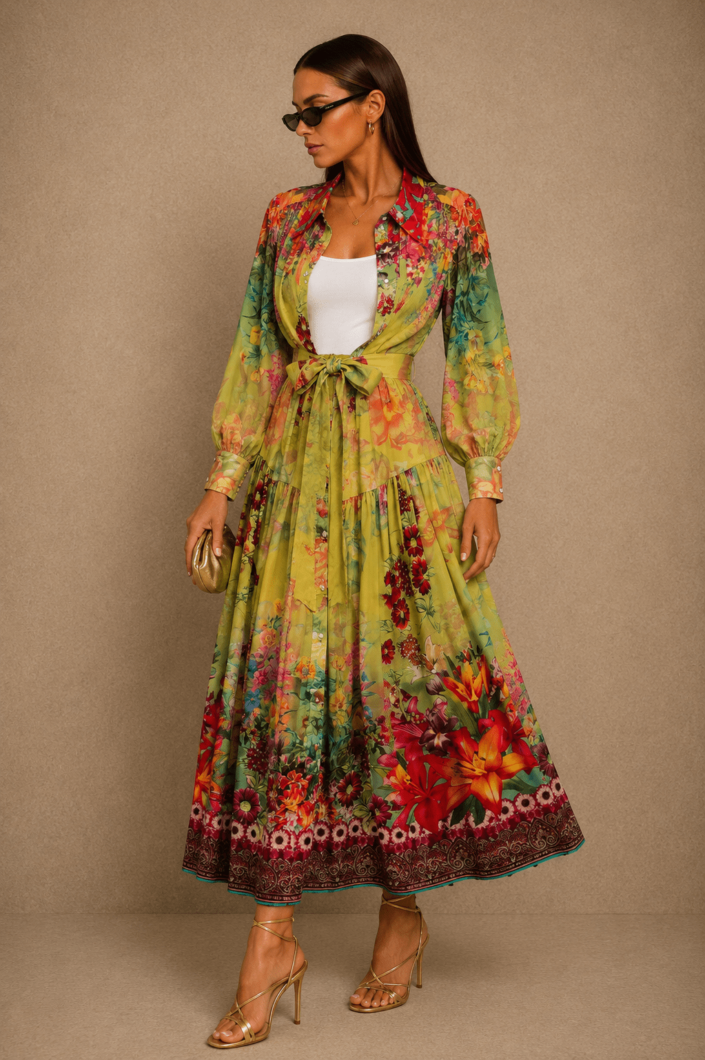 Colorful Printed Long Sleeve Midi Dress