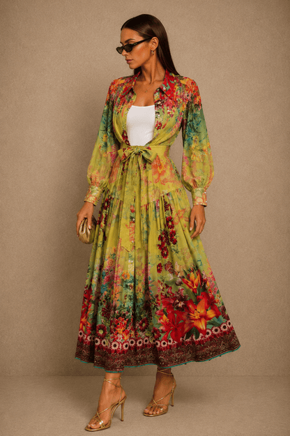 Colorful Printed Long Sleeve Midi Dress