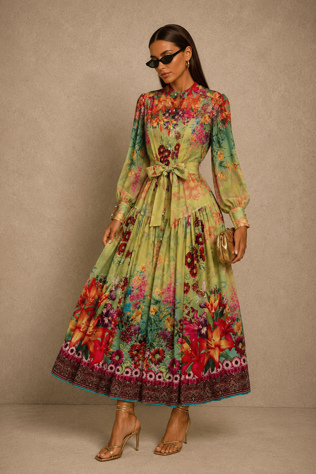 Colorful Printed Long Sleeve Midi Dress