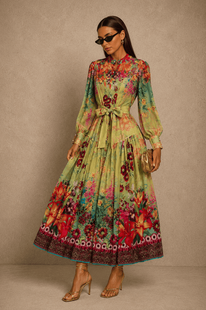 Colorful Printed Long Sleeve Midi Dress