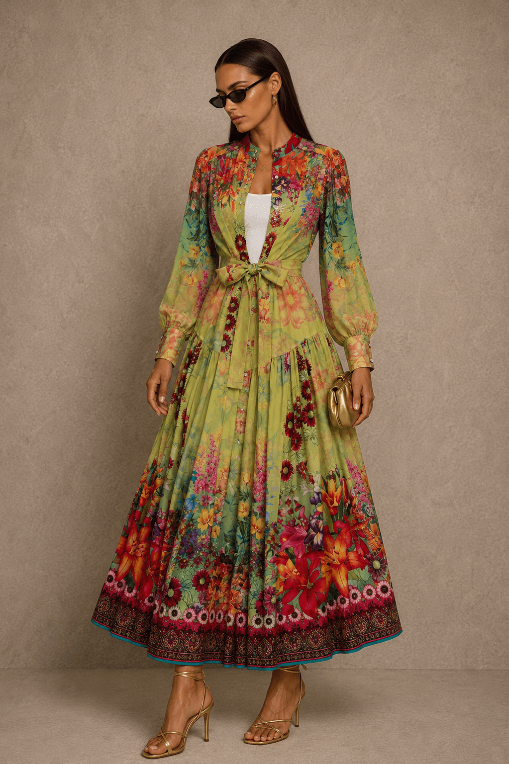 Colorful Printed Long Sleeve Midi Dress