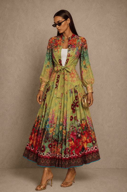 Colorful Printed Long Sleeve Midi Dress