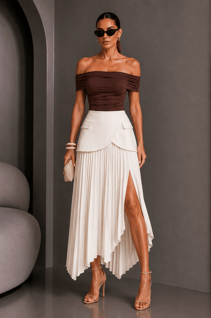 Cream Pleated Slit Skirt
