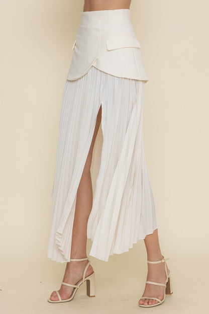 Cream Pleated Slit Skirt