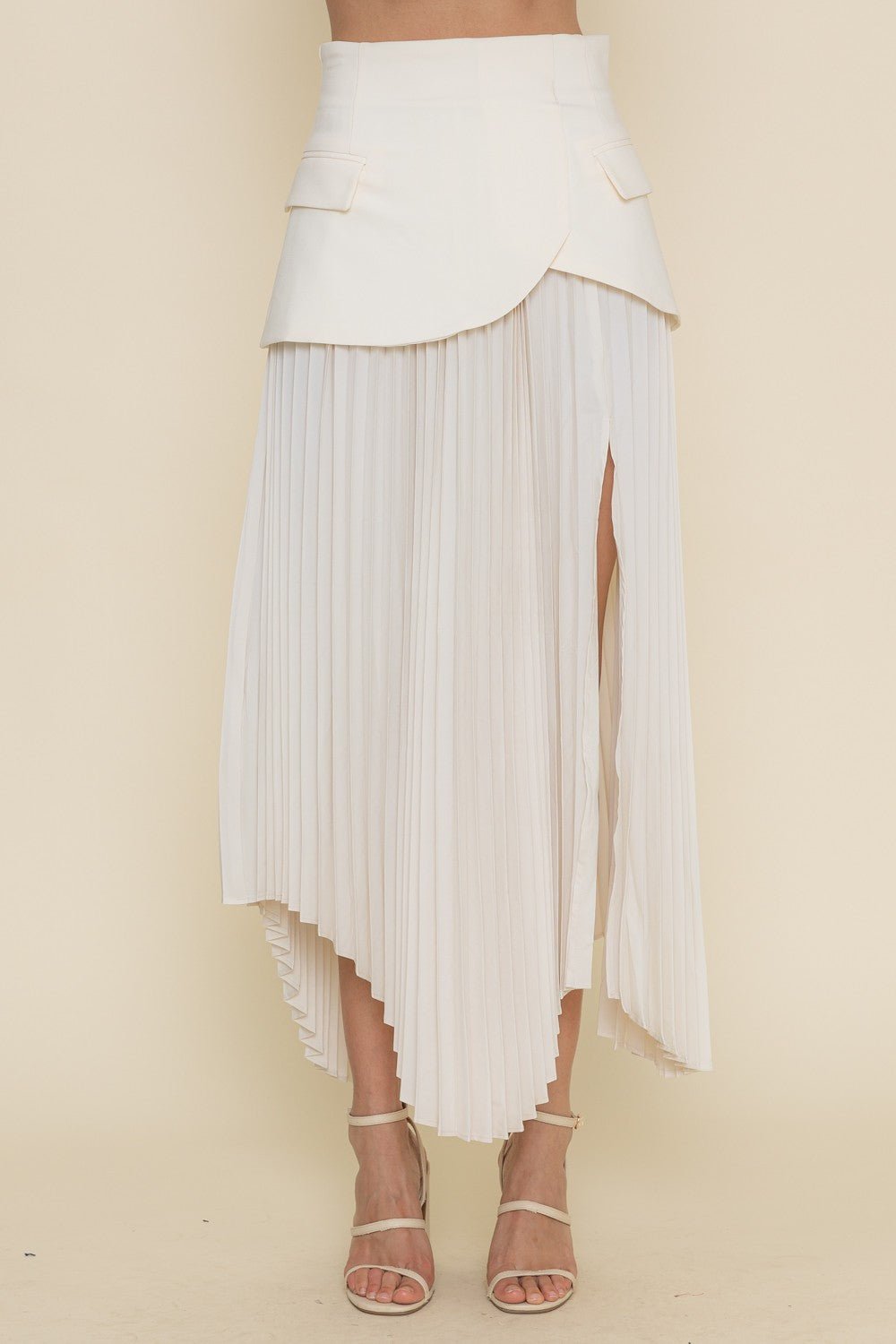Cream Pleated Slit Skirt