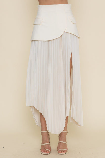 Cream Pleated Slit Skirt