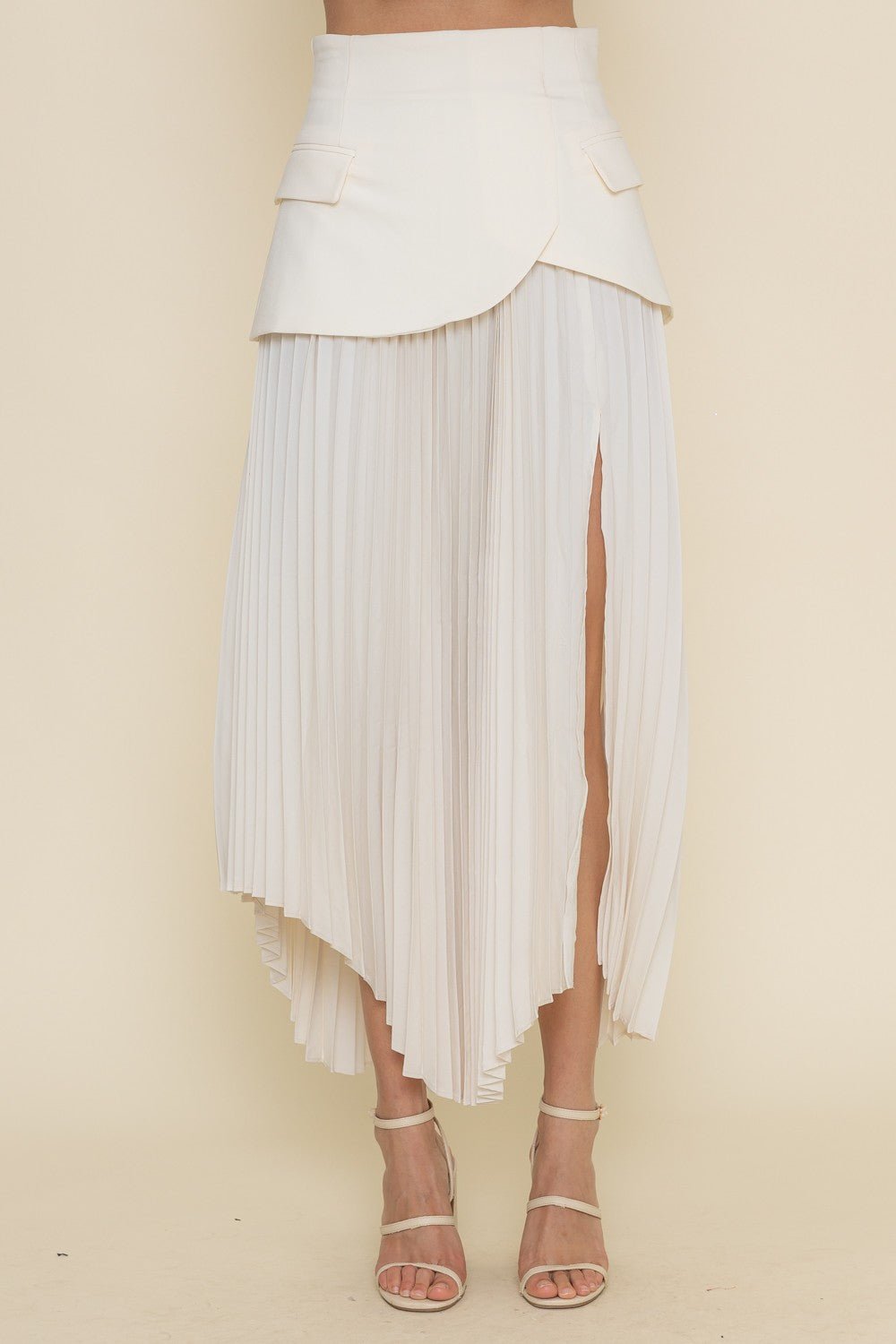Cream Pleated Slit Skirt