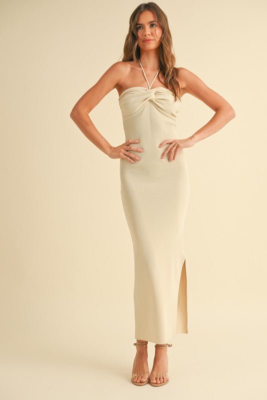 Cream Halter Knit Midi Dress