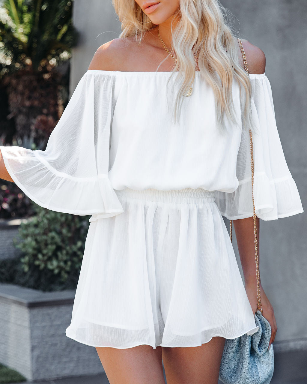 Definitely Demure Off The Shoulder Chiffon Romper - White