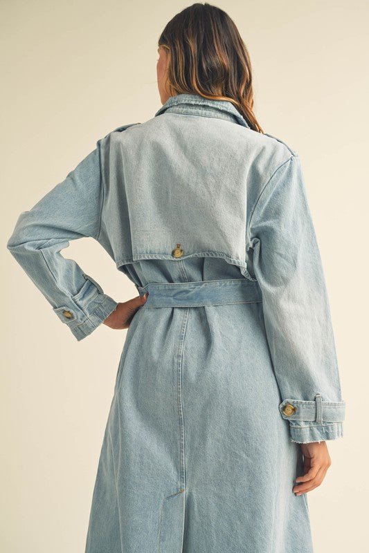 Denim Long Sleeve Trench Midi Coat