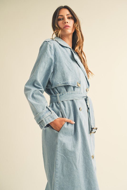 Denim Long Sleeve Trench Midi Coat