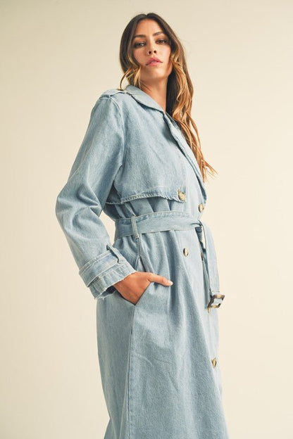 Denim Long Sleeve Trench Midi Coat