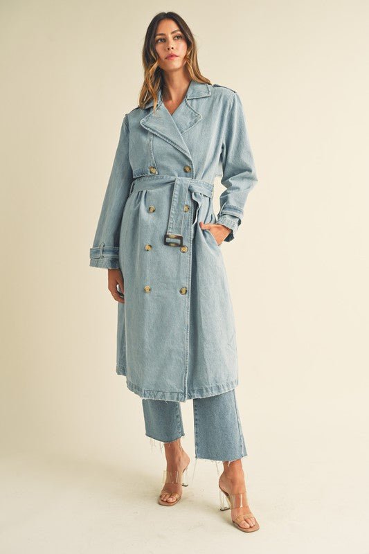 Denim Long Sleeve Trench Midi Coat