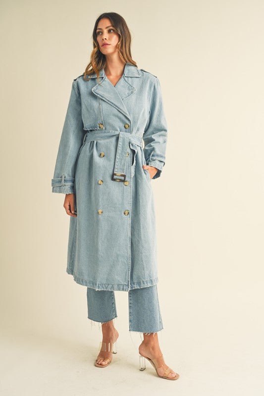 Denim Long Sleeve Trench Midi Coat