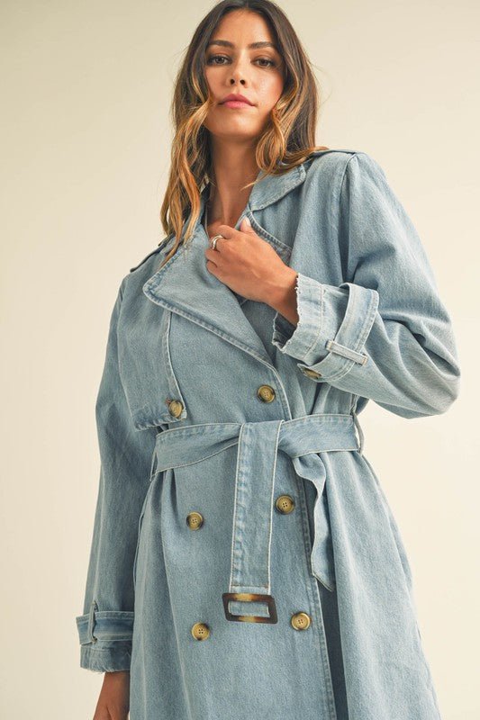 Denim Long Sleeve Trench Midi Coat