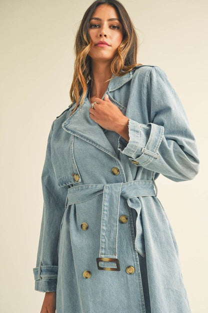 Denim Long Sleeve Trench Midi Coat