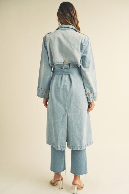 Denim Long Sleeve Trench Midi Coat