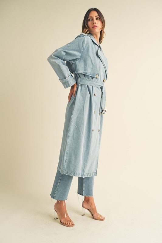 Denim Long Sleeve Trench Midi Coat
