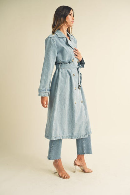 Denim Long Sleeve Trench Midi Coat