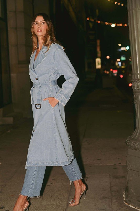 Denim Long Sleeve Trench Midi Coat
