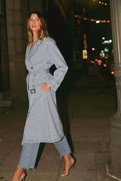 Denim Long Sleeve Trench Midi Coat