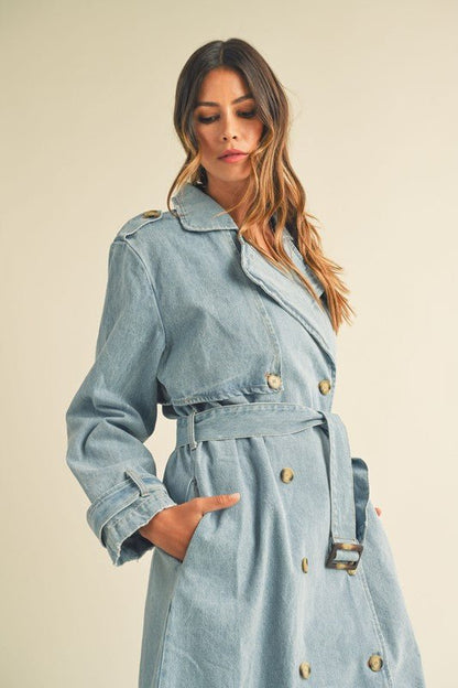 Denim Long Sleeve Trench Midi Coat