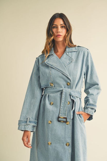 Denim Long Sleeve Trench Midi Coat