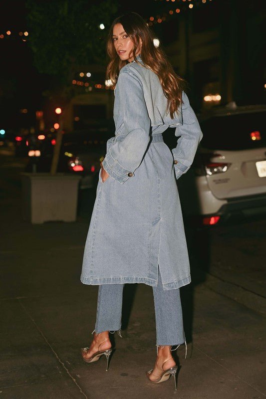 Denim Long Sleeve Trench Midi Coat