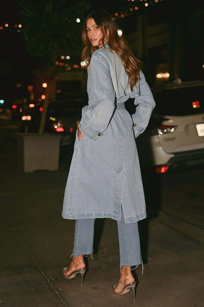 Denim Long Sleeve Trench Midi Coat