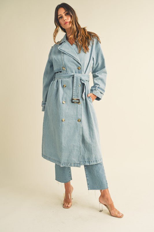 Denim Long Sleeve Trench Midi Coat