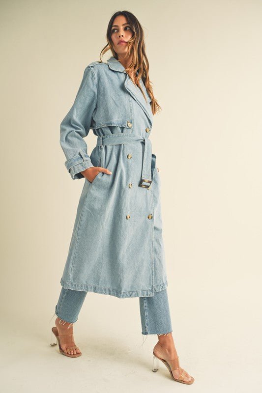 Denim Long Sleeve Trench Midi Coat